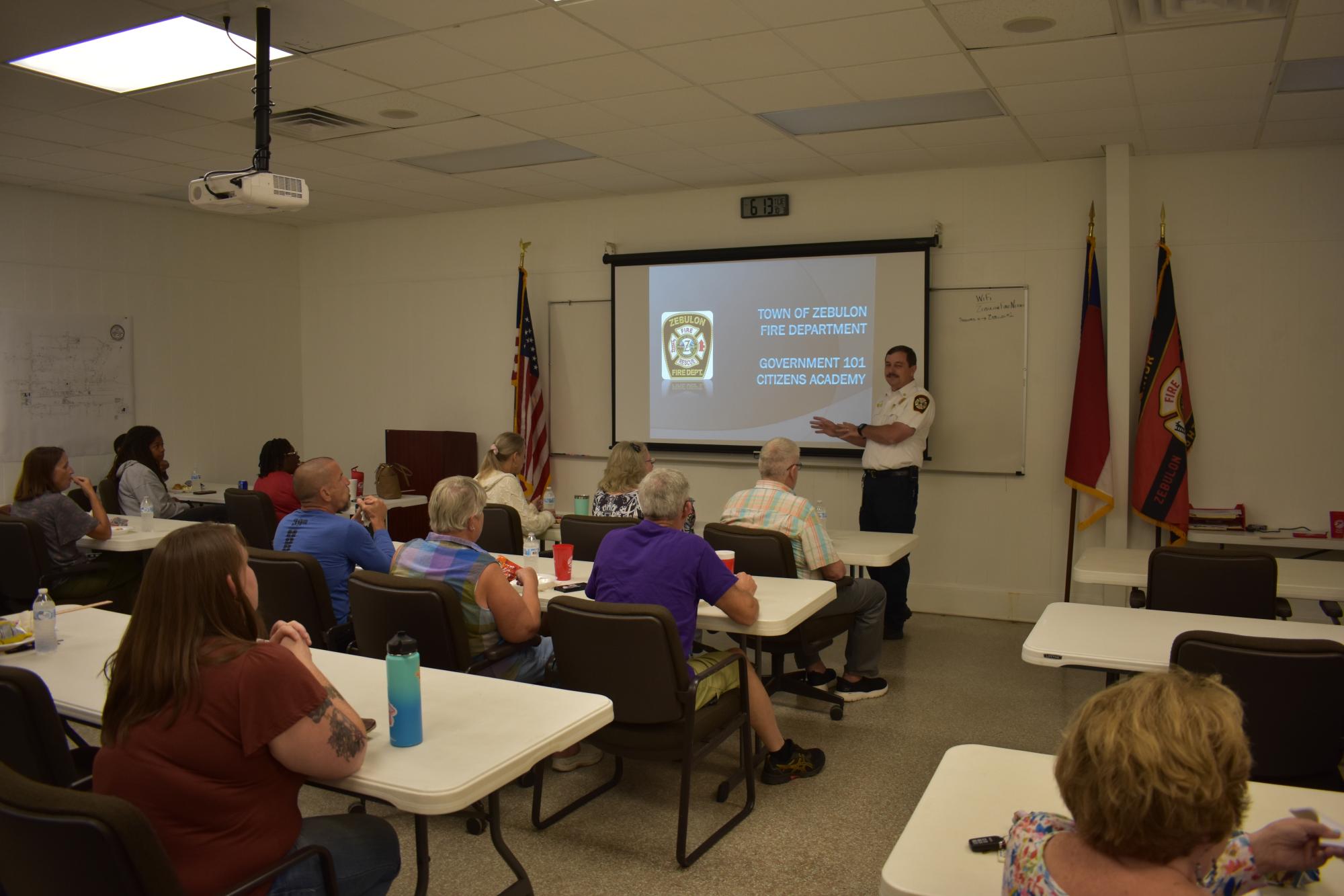 The ZFD Fire Chief speaking to a classroom of community members.