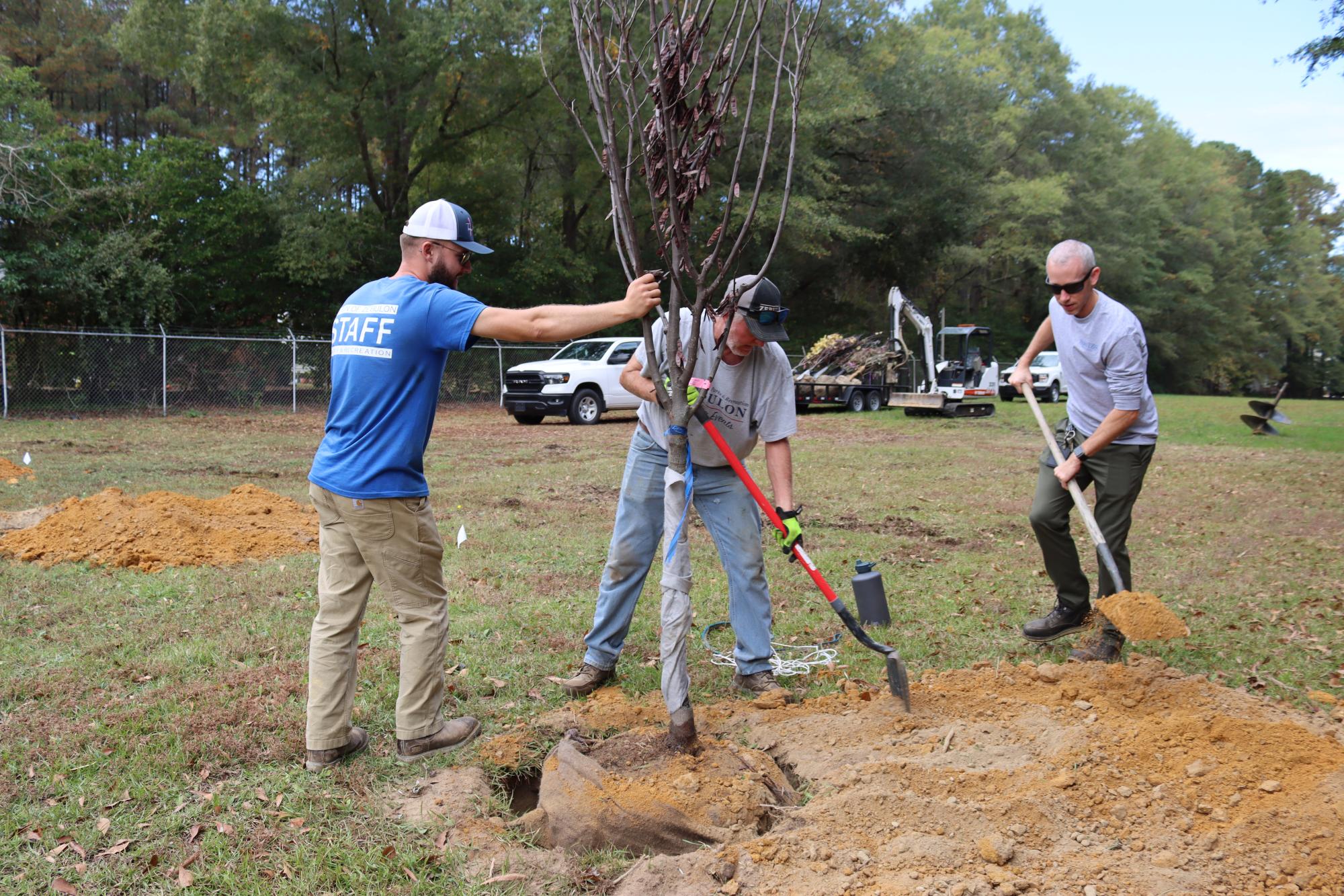 Three Parks & Recreation employees planting a tree.